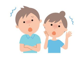 驚いている表情の若いカップル。3頭身シリーズの夏バージョンです。