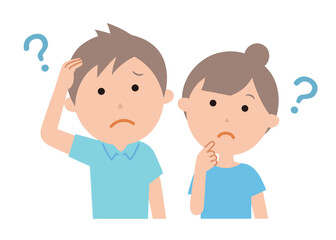 疑問に思っている若いカップル。3頭身シリーズの夏バージョンです。