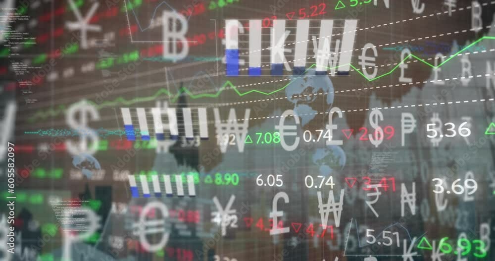 Poster animation of currency symbols and and stock market data processing against view of cityscape