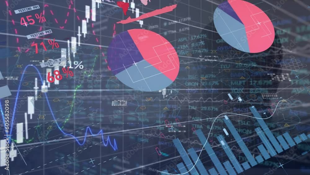 Poster animation of statistical and stock market data processing overrear view of a woman enjoying the view