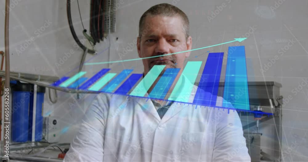 Poster animation of statistical data processing over caucasian male engineer with arms crossed at factory