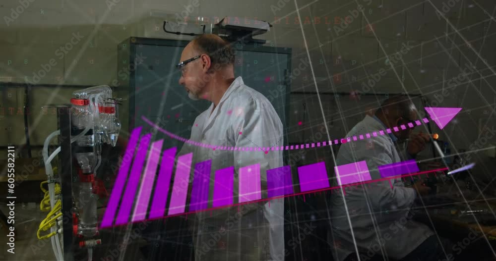 Poster animation of statistical data processing against two diverse male engineers working at the factory