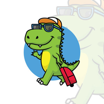 cute dinosaur wearing glasses with travel bag cartoon design
