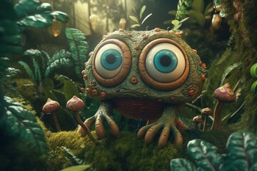 Unique cartoon monster illustration with big eyes in a whimsical jungle scenery. Generative AI