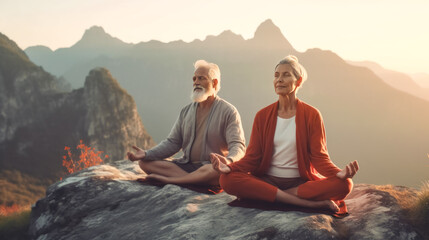 Mature Couple Practice Yoga the Concept of Healthy Lifestyle in Advanced Age Generative AI Digital Art Illustration Background Journal