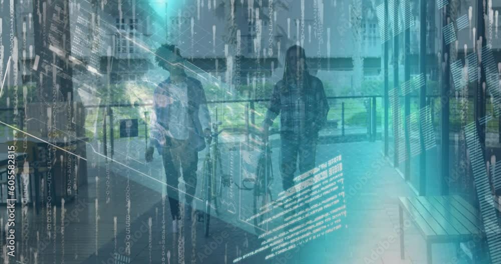 Poster animation of data processing and light spot over two diverse men with bicycles walking on the street