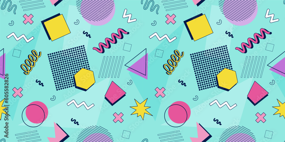 Wall mural abstract seamless pattern 80s 90s with geometric shapes in the memphis style. vector retro hipster p