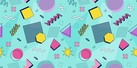 Naklejka premium Abstract seamless pattern 80s 90s with geometric shapes in the Memphis style. Vector retro hipster print