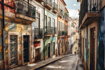Fototapeta na wymiar An illustration of a colourful street in Lisbon, featuring traditional tiled houses and showcasing the unique architectural details characteristic of Portugal's capital city.