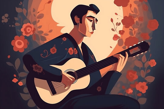 An illustration of a traditional Portuguese Fado musician playing a guitarra portuguesa, symbolising Portugal's rich musical heritage and cultural traditions.