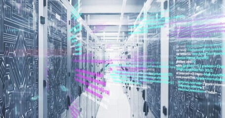 Animation of data processing and microprocessor connections against computer server room - Powered by Adobe