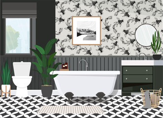 Black and white bathroom with fish on the walls.
