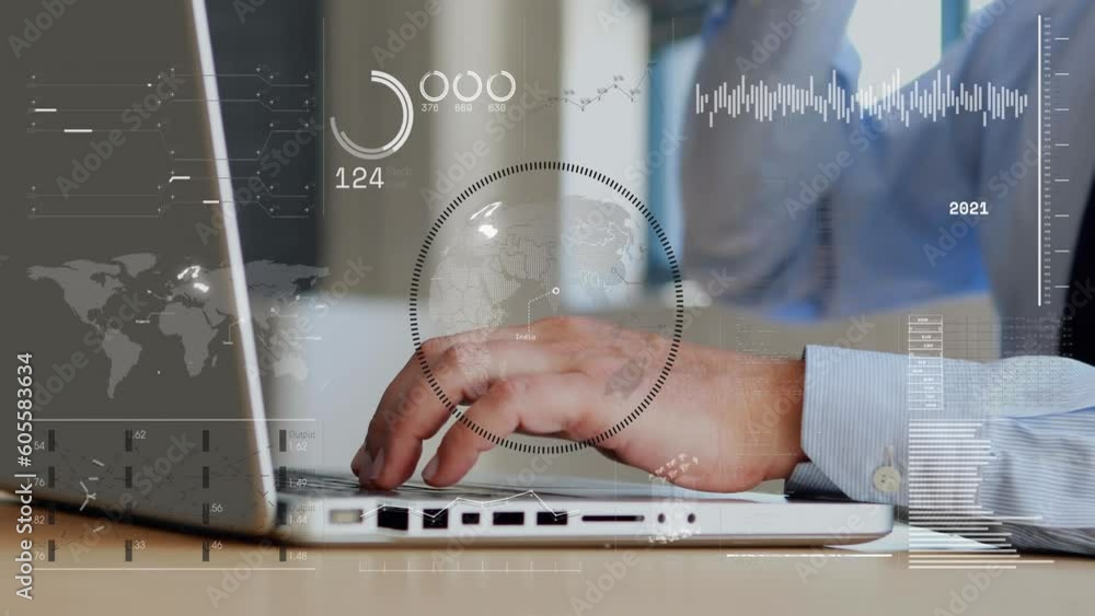 Poster animation of data processing over caucasian man using laptop