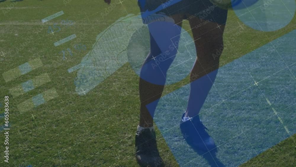 Poster animation of data processing over caucasian football player on pitch