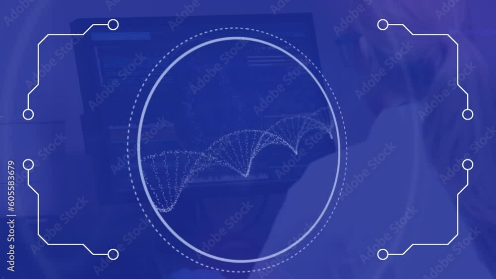 Poster animation of data processing over dna strand spinning