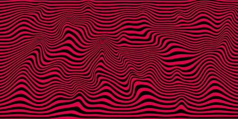 Abstract optical illusion wave. A flow of black and red stripes forming a wavy distortion effect. Vector Illustration.