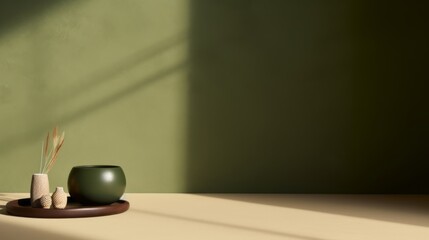 Table, khaki green texture wall background with Generative AI