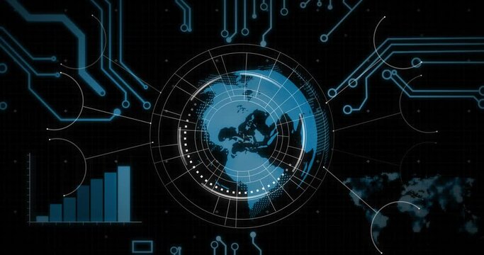 Animation of round scanner, spinning globe and microprocessor connections against black background - Powered by Adobe