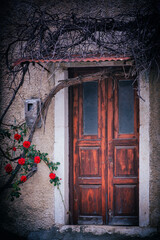Stare drzwi wejściowe na greckiej uliczce, oplecione suchym pnączem i czerwonymi kwiatami kwitnącej róży. Rustykalny klimat w Grecji - obrazy, fototapety, plakaty