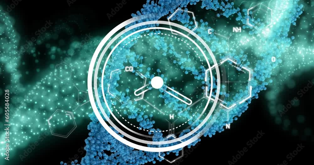 Poster animation of digital clock over dots forming dna helixes and molecule structures on black background