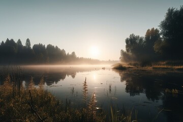 Morning lake scenery. Generative AI