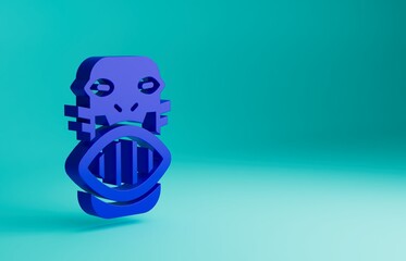 Blue Mexican mayan or aztec mask icon isolated on blue background. Minimalism concept. 3D render illustration