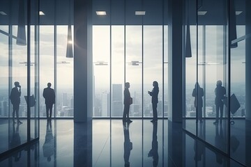 Fototapeta na wymiar Silhouettes of business people standing in modern office lobby with panoramic windows and city view