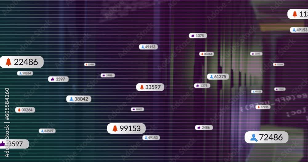 Poster animation of data processing and social media icons floating against computer server room