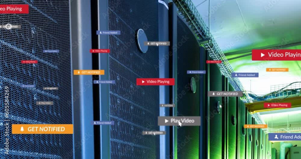 Poster animation of social media icons floating against computer server room