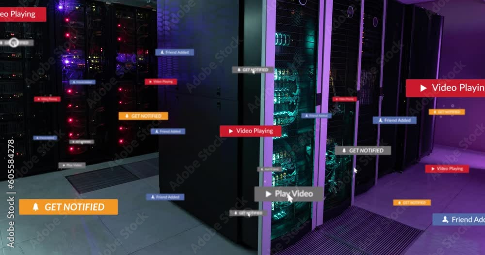Poster animation of social media icons floating against computer server room