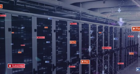 Animation of social media icons floating and mosaic squares against computer server room - Powered by Adobe