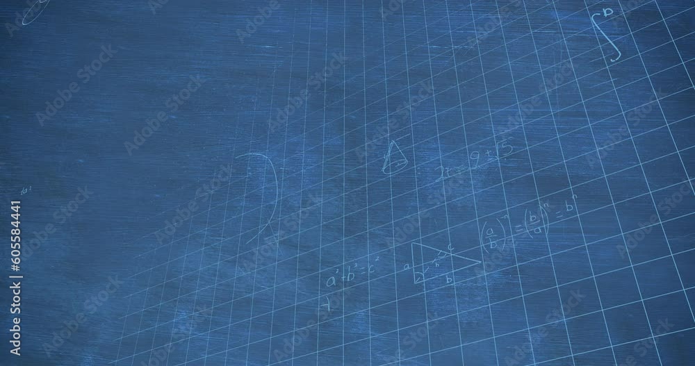 Poster animation of mathematical equations floating over grid network against blue chalkboard
