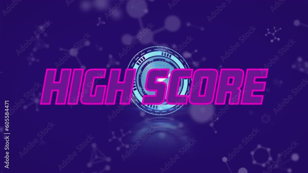 Poster animation of high score text banner over ticking clock and molecular structures on blue background