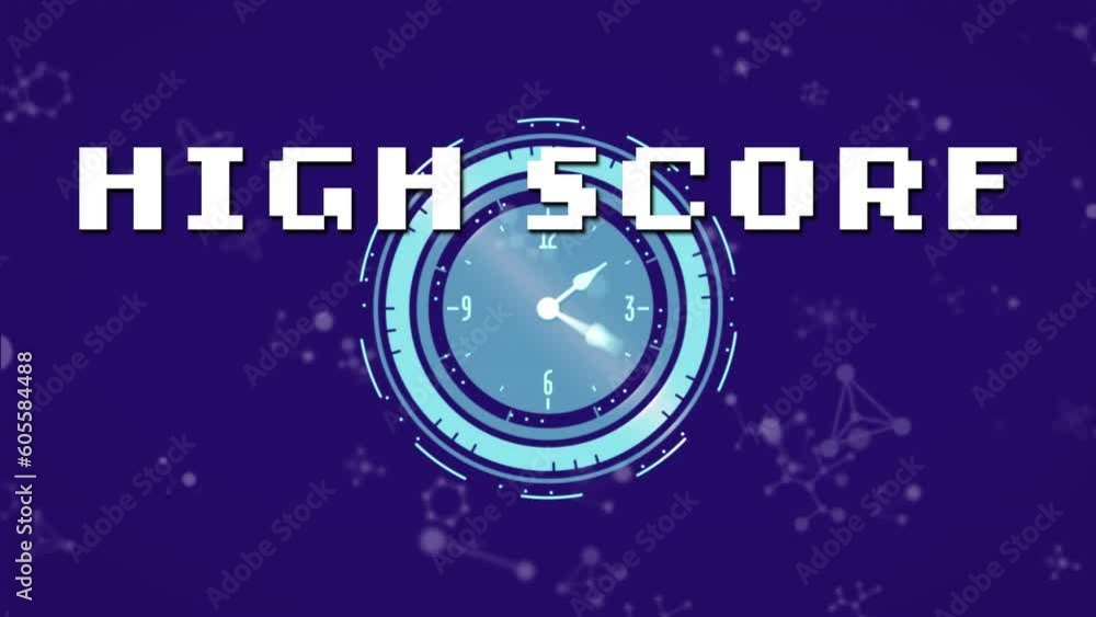 Poster animation of high score text banner over ticking clock and molecular structures on blue background