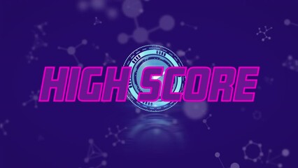 Animation of high score text banner over ticking clock and molecular structures on blue background - Powered by Adobe