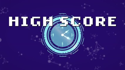 Animation of high score text banner over ticking clock and molecular structures on blue background - Powered by Adobe