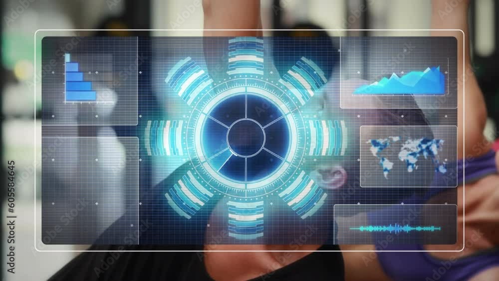 Poster animation of screen with data processing over diverse people exercising