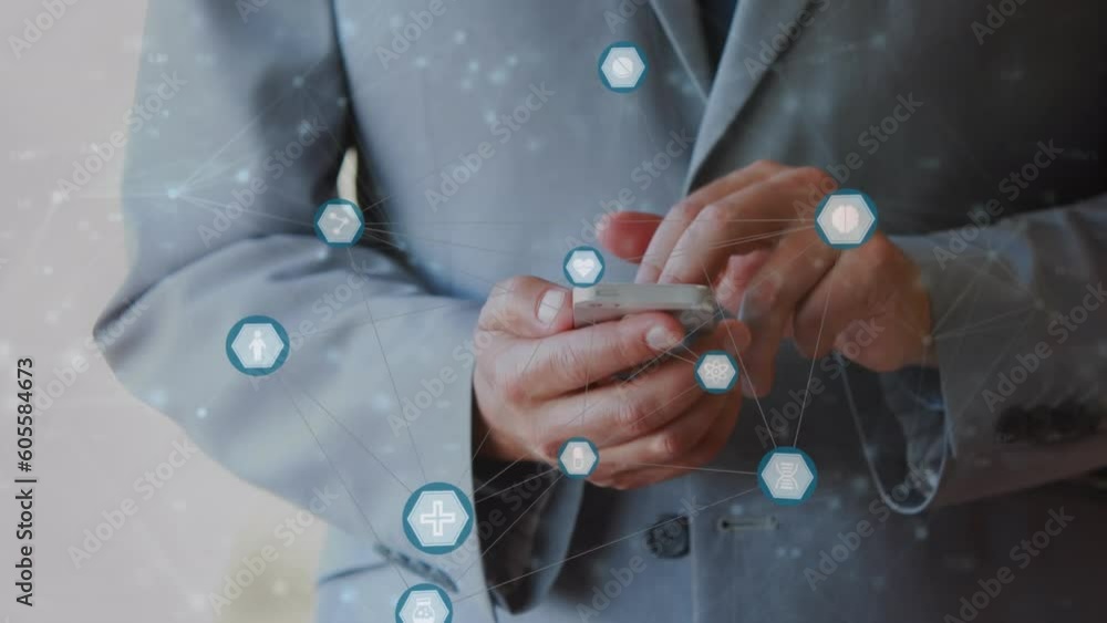 Poster animation of network of connections data processing over caucasian businessman using smartphone