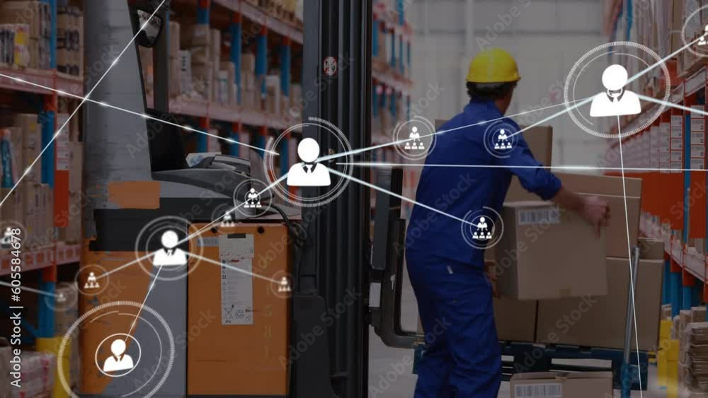 Poster animation of network of connections data processing over caucasian man in warehouse
