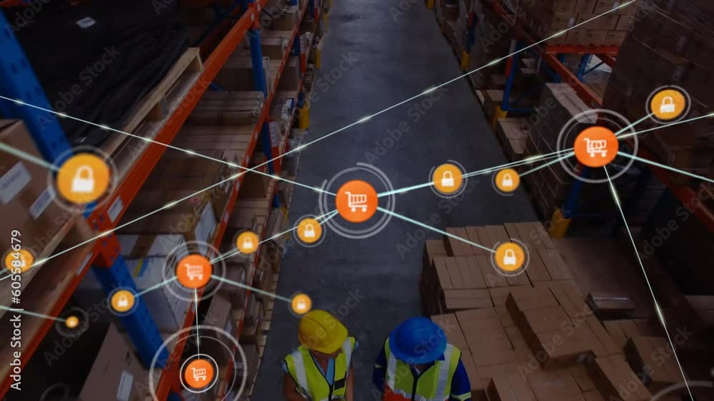 Poster animation of network of connections data processing over warehouse