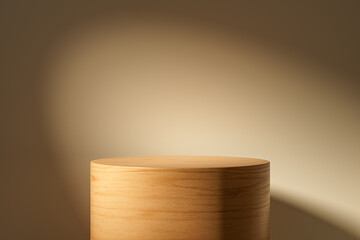 3d presentation pedestal or dais made of wood in room illuminated by sunlight. 3d rendering of mockup of presentation podium for display or advertising purposes