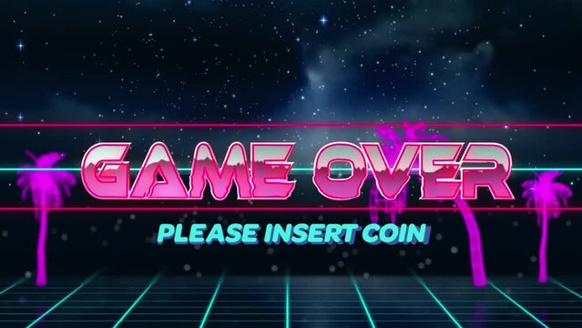 Animation of game over text over palm trees and grid