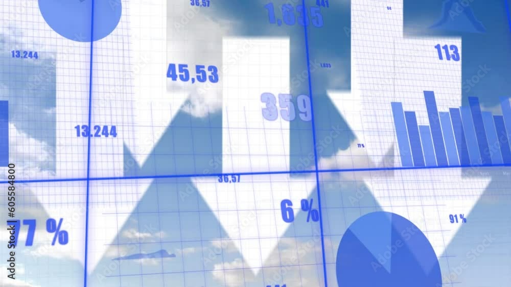 Aufkleber animation of down arrows over changing numbers and graphs against cloudy sky