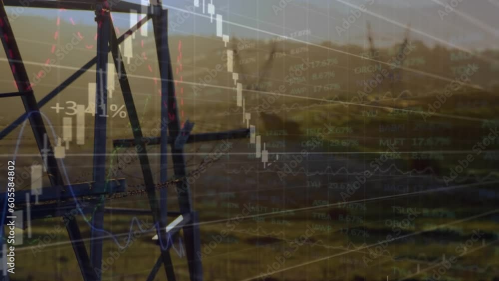 Poster animation of multiple graphs and trading board over transmission towers on green field