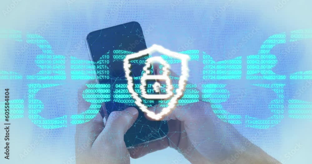 Poster animation of padlock, numbers forming blockchain and connected dots, cropped hand using cellphone