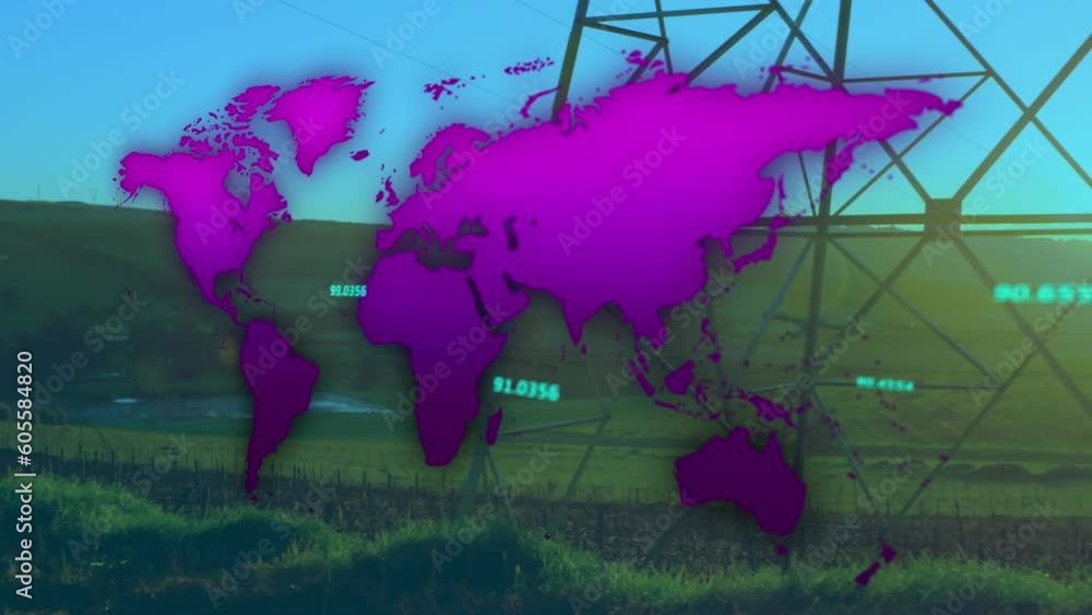 Poster animation of numbers floating over map against transmission tower on green field