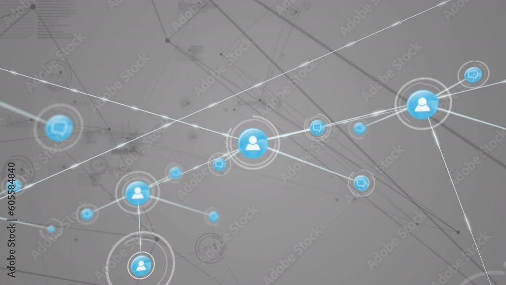 Poster animation of data processing with network of connections and icons