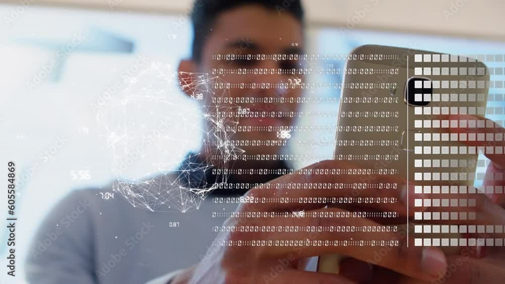 Poster animation of data processing over biracial businessman using smartphone