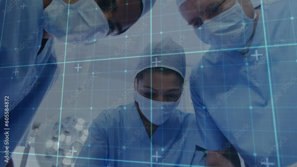 Poster animation of data processing over diverse surgeons with face masks