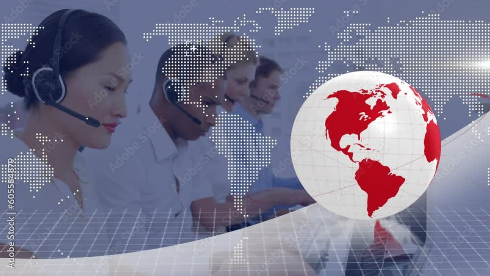 Poster animation of data processing and globe over diverse businesspeople using phone headsets